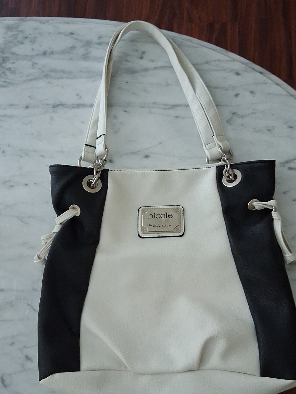 Nicole by Nicole Miller Black and White Shoulder Tote.  Height 12 ", Width 13 "